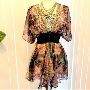 Swimsuit Coverup Floral plunging neckline V blouse snap up front